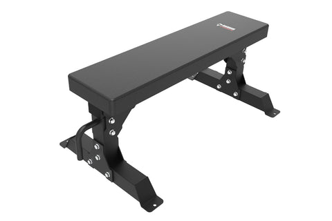 Black flat weight bench with padded seat, adjustable metal frame, and wheels on base, displayed on white background