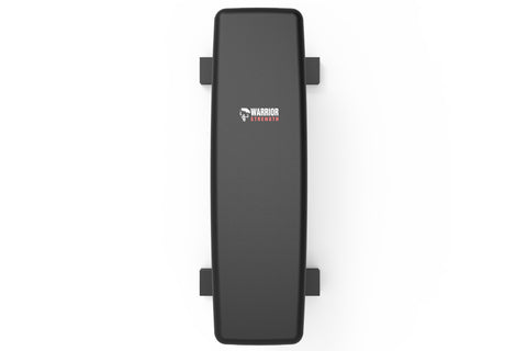 Black and red flat weight bench with padded seat, sturdy black frame base, on white background