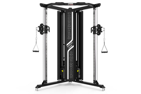 Warrior FT900 black and silver cable pulley functional trainer with dual weight stacks and suspended foot platforms on white 