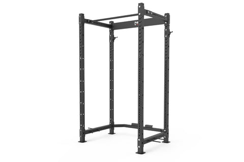 Black power rack with red weight plates and barbell, man in red shirt performing squat exercise