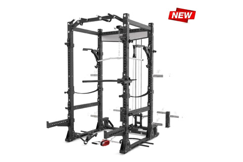 Black steel power rack cage with integrated lat pulldown and low row machine, featuring multiple attachment points and adjust