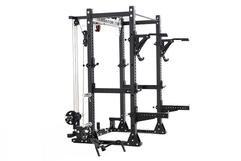 Black steel power rack cage with integrated lat pulldown and low row machine, featuring multiple attachment points and adjust