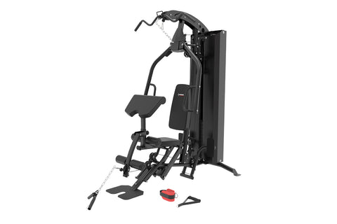 Black Warrior HG500 home gym machine with leg press, seated chest press, and attached resistance bands on white background