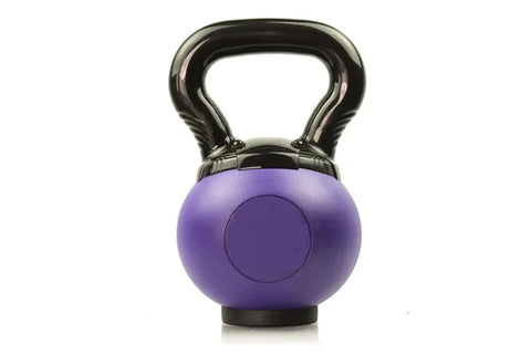 Purple kettlebell with rubber coating and black metal handle on white background