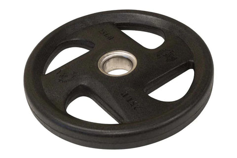 Set of black rubber grip Olympic weight plates in various sizes arranged on white background