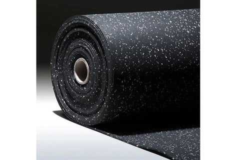 Stacked rubber gym flooring rolls in red, blue, brown, and black speckled colors on white background