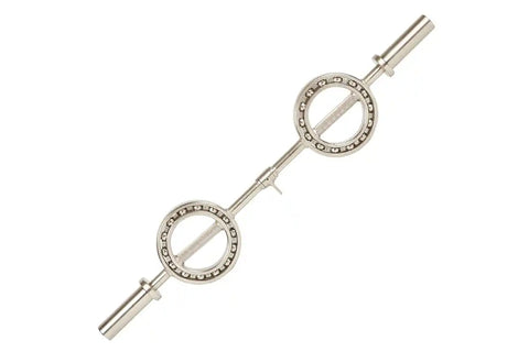 Warrior Supra EYE Olympic Curl Bar with silver metal construction and circular eye rings, on white background