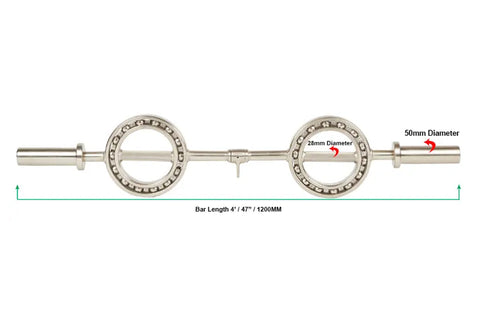 Warrior Supra EYE Olympic Curl Bar with silver metal construction and circular eye rings, on white background