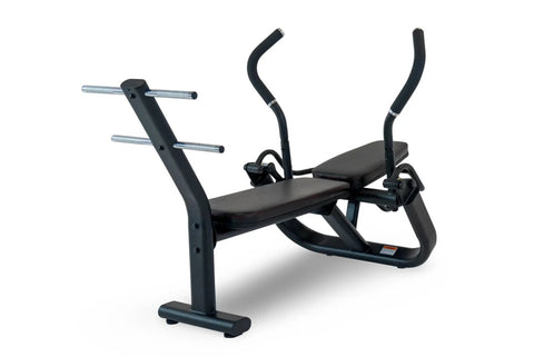 Black commercial abdominal exercise bench with padded seat, curved handles, and leg extension attachment on white background