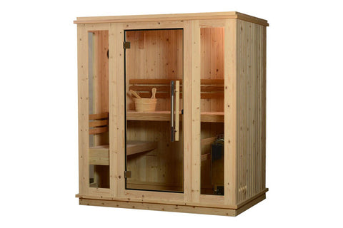 Light wood indoor sauna with glass door, wooden benches, bucket and ladle, on white background