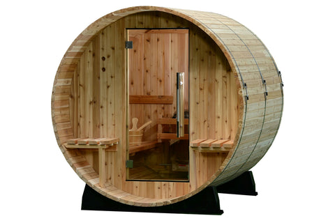 Cylindrical wooden barrel sauna with hinged cedar door, interior wooden benches, and glass window on white background