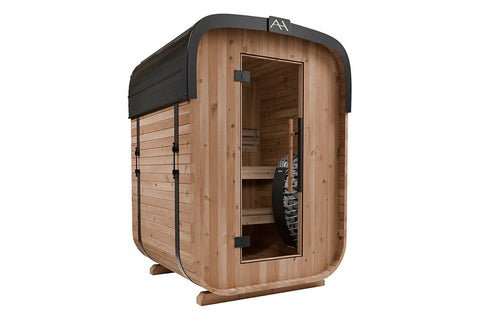 Cedar wood sauna with black metal roof and glass door, featuring interior benches and heater, on white background