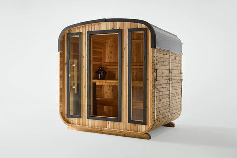 Almost Heaven Blackwater cube sauna with light wood exterior, black frame, glass doors and windows, wooden interior benches v