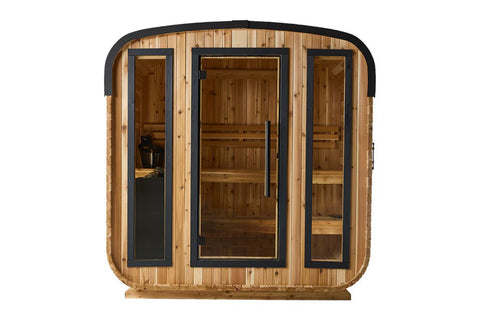 Almost Heaven Blackwater cube sauna with light wood exterior, black frame, glass doors and windows, wooden interior benches v