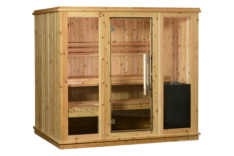 Natural wood indoor sauna cabin with glass door, wooden benches, and stone heater base, on white background