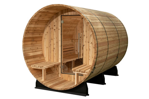 Barrel-shaped wooden sauna with glass door and metal bands, showing interior benches on white background