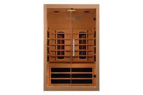 Almost Heaven Elysian 2-3 person infrared sauna with light wood exterior, glass door, wooden interior benches, and black heat