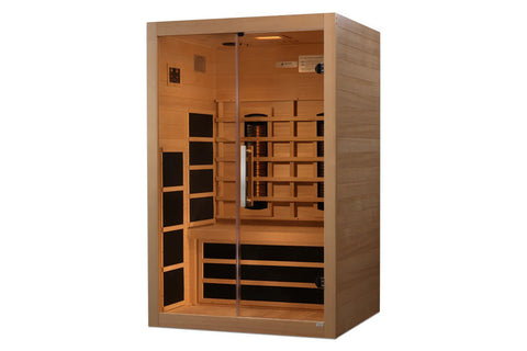 Almost Heaven Elysian 2-3 person infrared sauna with light wood exterior, glass door, wooden interior benches, and black heat