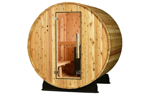 Almost Heaven Essex barrel sauna with natural wood construction, open door showing interior bench seating on white background