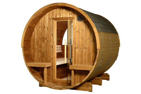 Wooden barrel sauna with half-moon canopy design, glass door, ventilation vent, and wood bench seating visible inside, on whi