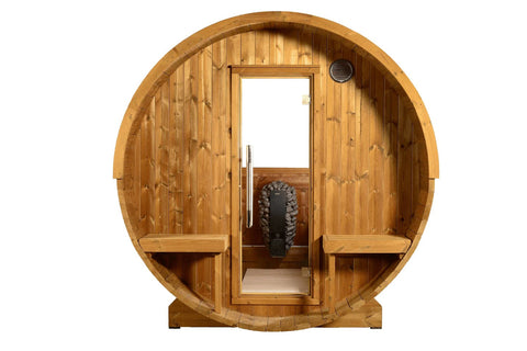 Wooden barrel sauna with half-moon canopy design, glass door, ventilation vent, and wood bench seating visible inside, on whi