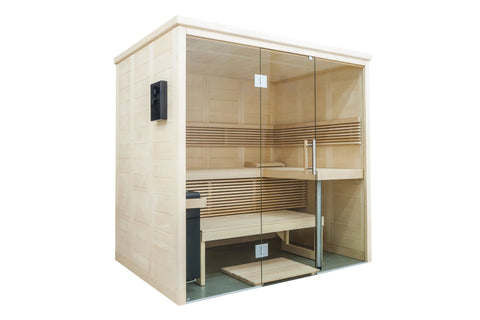 Almost Heaven Everwood indoor sauna with light wood construction, glass front doors, tiered wooden benches, and black heater 