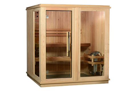Natural pine wood indoor sauna with glass door and window, featuring cedar interior bench seating for four people, heater vis