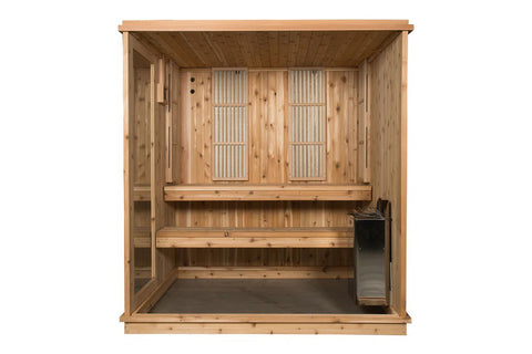 Natural pine wood indoor sauna with glass door and window, featuring cedar interior bench seating for four people, heater vis