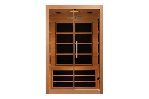 Almost Heaven Harmony 2-3 person infrared sauna with natural cedar wood frame, glass double doors, and black interior panels 