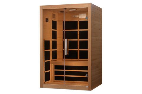 Almost Heaven Harmony 2-3 person infrared sauna with natural cedar wood frame, glass double doors, and black interior panels 