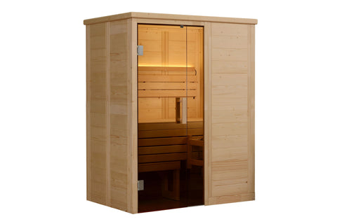 Almost Heaven Hillsboro 2-person indoor sauna with natural wood construction, glass door, and warm interior lighting on white