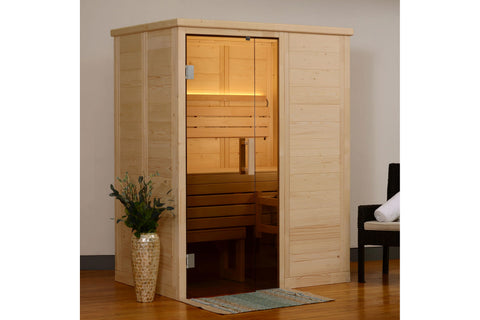 Almost Heaven Hillsboro 2-person indoor sauna with natural wood construction, glass door, and warm interior lighting on white