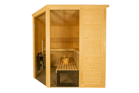Natural pine wood indoor sauna with glass door and windows, wooden benches, and heating elements glowing inside on white back