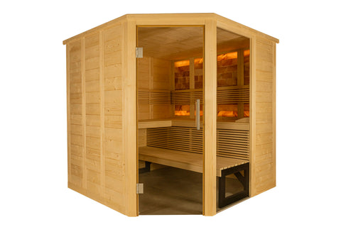 Natural pine wood indoor sauna with glass door and windows, wooden benches, and heating elements glowing inside on white back