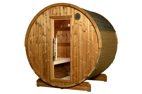 Round barrel sauna with natural wood construction, glass door, and dark shingled roof on white background