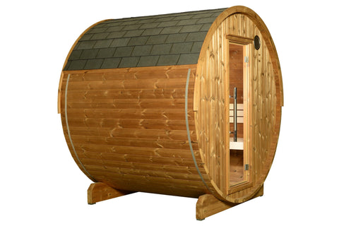 Round barrel sauna with natural wood construction, glass door, and dark shingled roof on white background