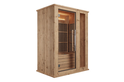 Light wood infrared sauna with glass door, interior heater panel, and bench seating on white background