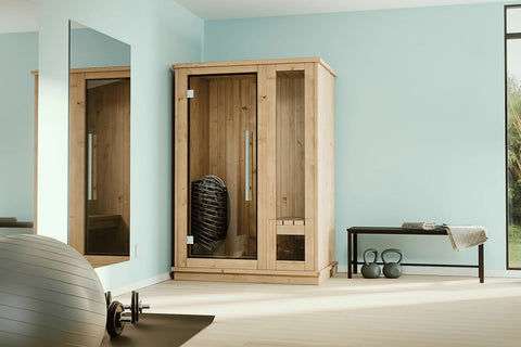 Wooden sauna with glass doors on a white background