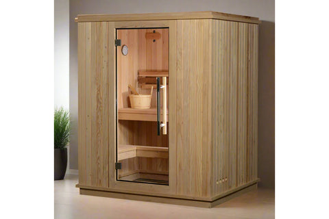 Light wood hybrid indoor sauna with glass door, wooden bench seating, bucket and ladle inside, on white background