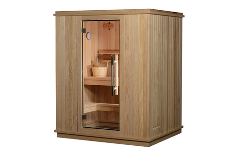 Light wood hybrid indoor sauna with glass door, wooden bench seating, bucket and ladle inside, on white background