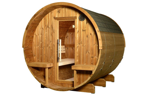 Barrel sauna with rounded cedar wood construction, open door showing wooden interior benches, dark roof shingles, and vent op