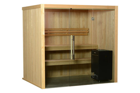 Light wood sauna with glass front doors, wooden bench seating, vertical paneling walls, and black heater unit on right side