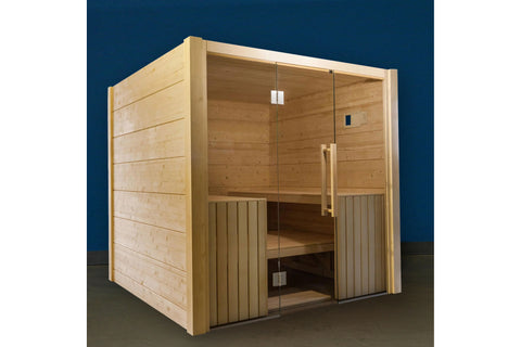 Light wood sauna interior with two bench seats facing each other, glass door, wooden walls, and ceiling vent on white backgro
