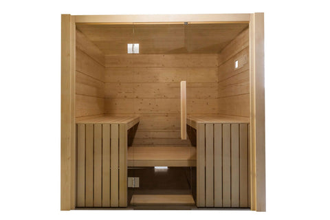 Light wood sauna interior with two bench seats facing each other, glass door, wooden walls, and ceiling vent on white backgro