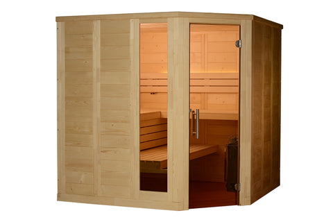 Light wood corner sauna with glass doors and orange cedar interior, featuring wooden benches and metal hardware on white back