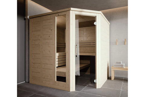 Light wood corner sauna with glass doors and orange cedar interior, featuring wooden benches and metal hardware on white back