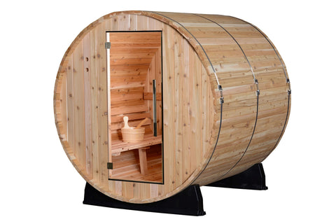 Barrel-shaped wooden sauna with cedar construction, open door revealing interior benches and wooden ladle, mounted on black s