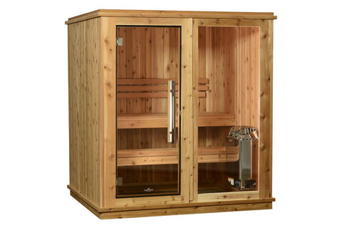 Cedar wood sauna cabin with glass doors, wooden benches, and stainless steel heater on white background