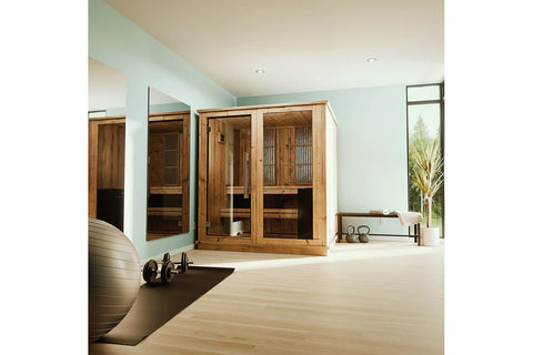 Cedar wood sauna cabin with glass doors, wooden benches, and stainless steel heater on white background