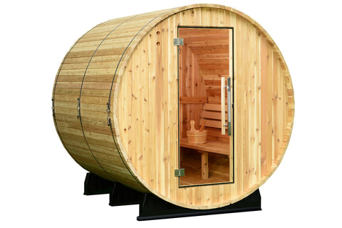 Cylindrical wooden barrel sauna with natural pine exterior, open glass door showing cedar bench interior, metal hinges and ha